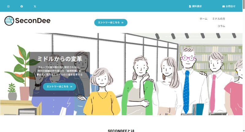新サービス「SECONDEE」（セカンディー）は、もっと活躍できるミドルが在籍する企業と、ミドルが活躍できる場所がある企業をつなげる、グループ企業や取引先に限定されない「越境移籍」プラットフォームです。 SECONDEEのご利用により、ミドルが排出元に在籍したまま受け入れ先に「期限付き移籍」することができ、ミドルの次の20年への一歩を踏み出すことができます。